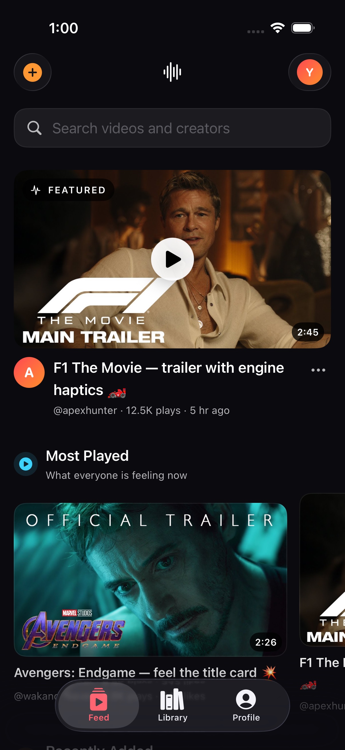 Haptix feed showing a featured F1 trailer and community videos