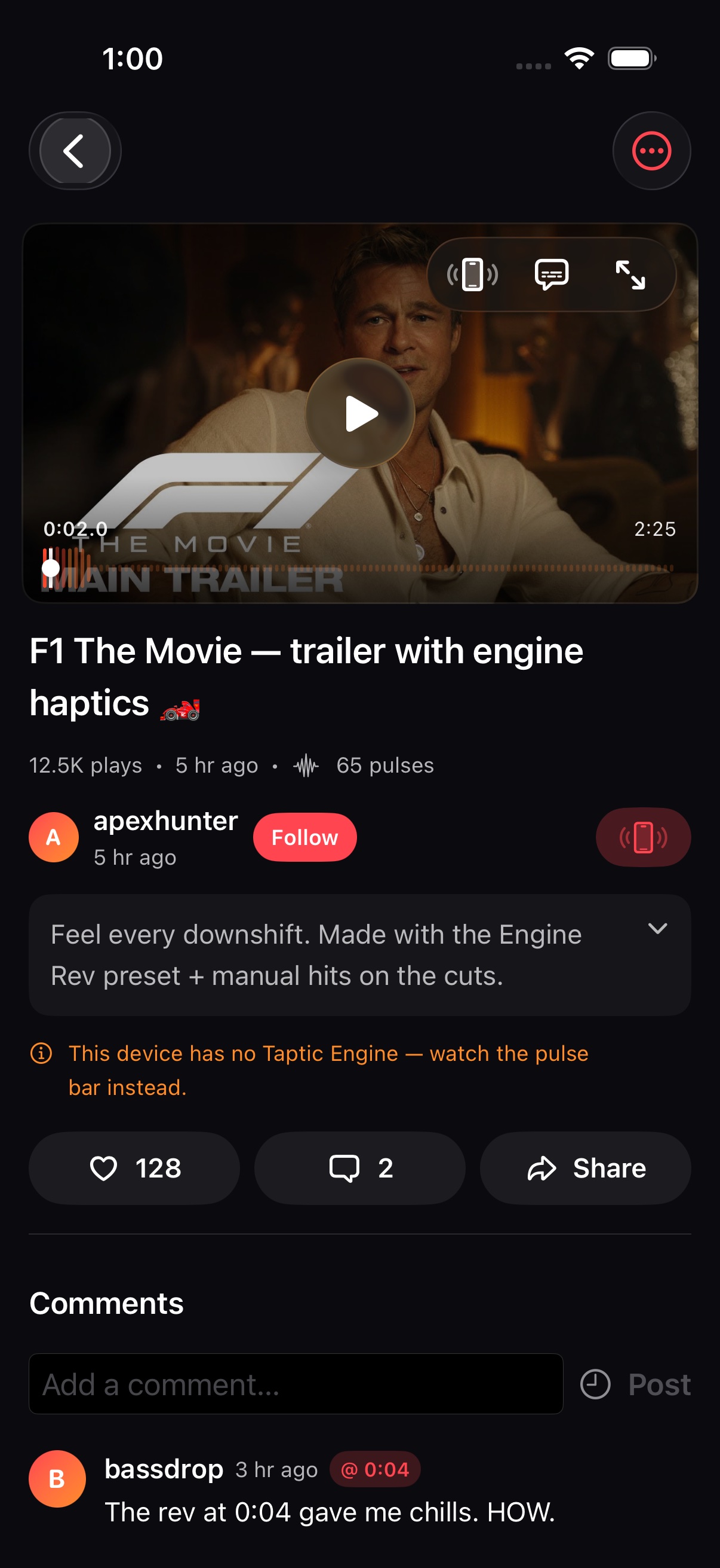 Haptix custom video player with a haptic timeline